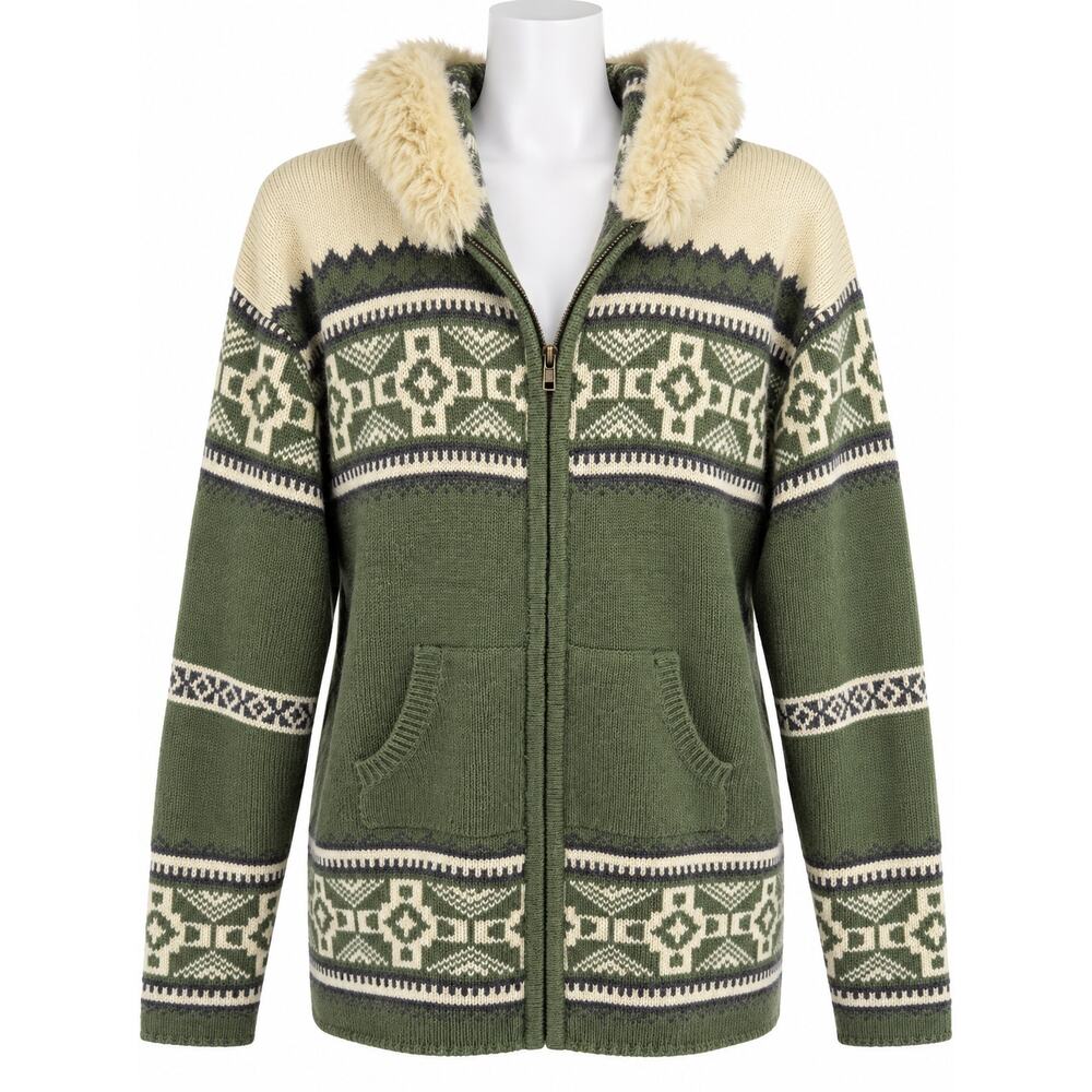 Denim & Co Fair Isle Faux Fur Collar Zip Cardigan Sweater Vintage Womens XL